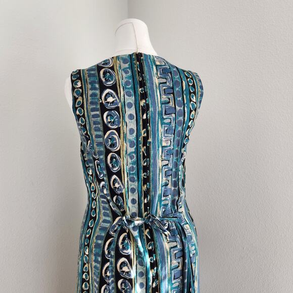 Vintage 90s Abstract Blue Green Sleeveless Midi Dress Criss Cross Neckline 12 - Picture 11 of 14